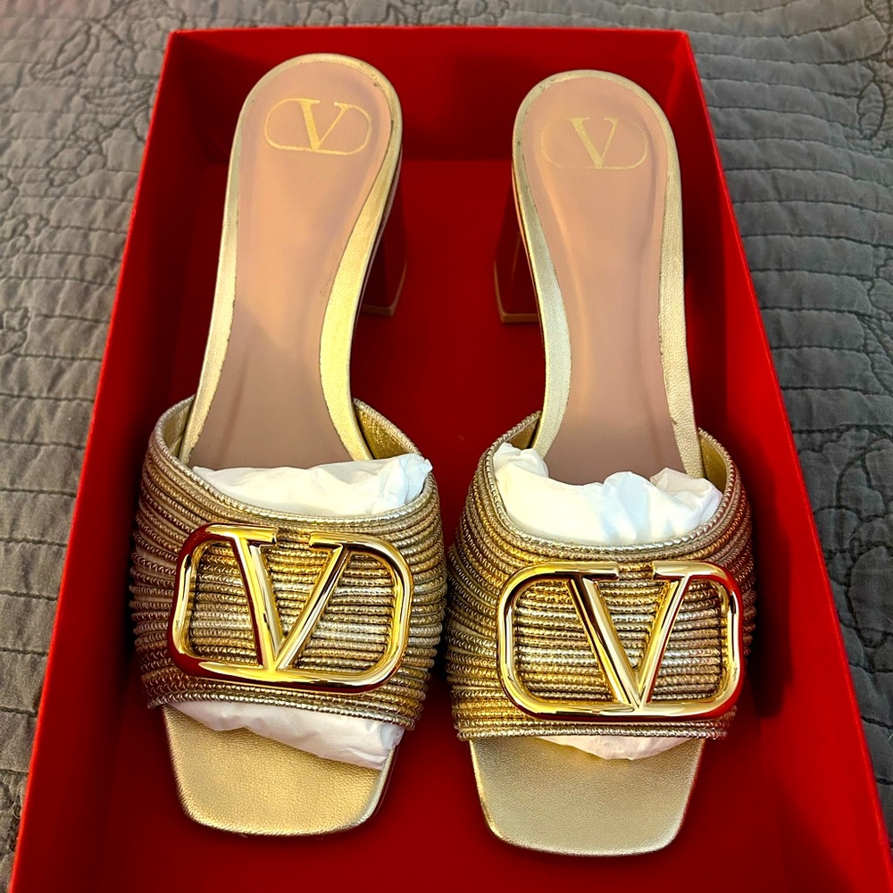 Gold Metallic Leather Valentino Block Heels